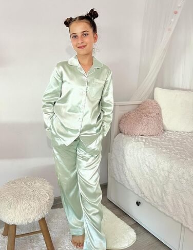 Arshiner Girls Pajamas Silk Satin Pajama Set Long Sleeve Pjs Button Down Sleepwear in Saudi Arabia