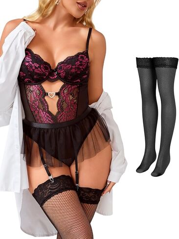 Womens Lingerie Set Sexy Lace Bodysuit with Detachable Mesh Mini Skirt Push up Garter Lingerie Sets(4pcs) in Saudi Arabia