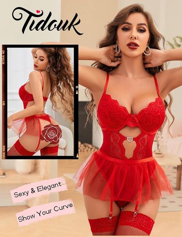 Womens Lingerie Set Sexy Lace Bodysuit with Detachable Mesh Mini Skirt Push up Garter Lingerie Sets(4pcs) in Saudi Arabia