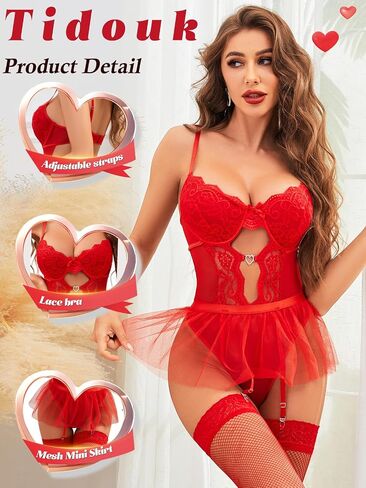 Womens Lingerie Set Sexy Lace Bodysuit with Detachable Mesh Mini Skirt Push up Garter Lingerie Sets(4pcs) in Saudi Arabia