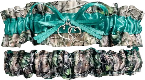 Camouflage Teal Satin Wedding Bridal Garter Set - Double Heart Charm in Saudi Arabia