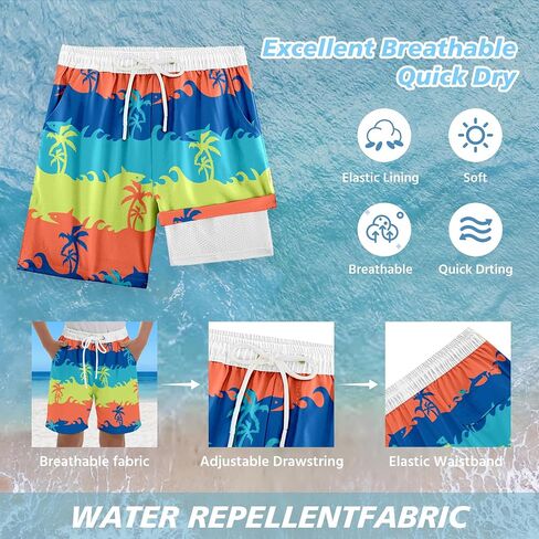 Boys Swim Trunks with Compression Liner UPF 50+ Quick Dry Bathing Suit Kids Beach Shorts Swimwear 7-20T in Saudi Arabia