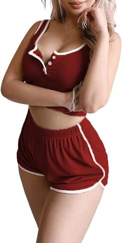 Womens Crop Tank Top Pajama Set Comfy Sleeveless Sleepwear Button V Neck Cami and Shorts Pjs 2 Piece Loungewear in Kuwait