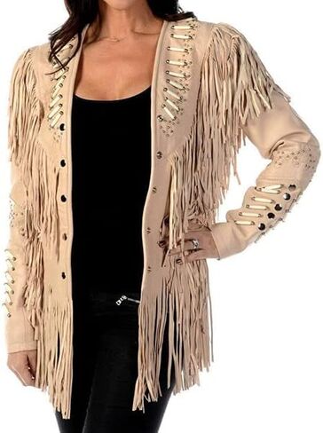 Western Genuine Cowhide Leather Jacket Women Cow-lady Native American Beaded & Fringe Cowgirl Jacket Tassels in Saudi Arabia