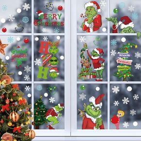 113 Pcs Christmas Window Clings - Decorations for Glass Windows,Christmas Elf Faces Window Stickers with Snowflake,Double Sided Static Window Clings for Home Christmas Party Supplies (9 Sheets)