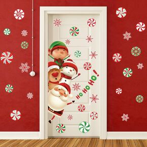 Whaline Christmas Door Stickers Decor Santa Snowman Elk Candy Snowflake Door Stickers Large Xmas Mural Decals for Winter Home Refrigerator Garage Door Wall Window Decoration, 11.8 x 35.4 Inch, 2Pcs