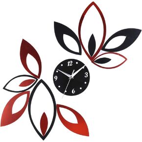 Toprate Mirror Wall Clock, Red and Black Rhombus Leaves Sticker Decoration, Silver