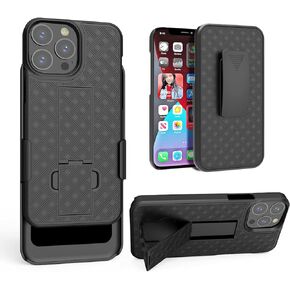 Compatible with iPhone 13 Pro Max, Combo Shell & Holster Slim Shell Case for Men with Built-in Kickstand + Swivel Belt Clip Holster for Apple iPhone 13 Pro Max 6.7'' 2021 ONLY, Black