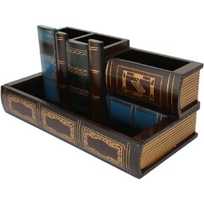 ZJchao Wooden Pen Holder, Retro Style Unique Design Wood Wide Application Pencil Holder Decorative Desk Caddy, Business Name Cards Remote Control Holder Office Home Accessories