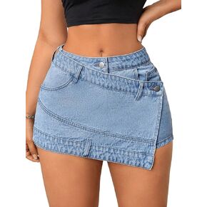 WDIRARA Women's High Waisted Jean Skort Asymmetrical Hem Button Denim Skirt Shorts with Pockets