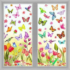 HOWAF 8 Sheets Spring Summer Window Cling Tulip Flowers Window Sticker, Spring Butterfly Window Decal for School Home Office Accessories, Hello Spring Party Decoration Bees Birds Window Decal