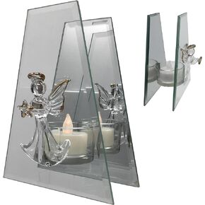 Lighted Angel Infinity Tea Light Holder - Glass Mirrored Infinity Candleholder with The Illusion of Many Images - Gold Trimmed Star - Includes LED Candle