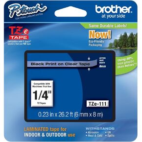 Genuine Brother 1/4" (6mm) Black on Clear TZe P-Touch Tape for Brother PT-1880, PT1880 Label Maker