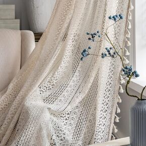 Boho Curtains for Living Room Bedroom, 63 inch Length 2 Panels Set Cotton Linen Semi Sheer Farmhouse Window Curtains with Tassels & Rod Pocket, Beige Lace Crochet Rustic Floral Long Curtain Drapes