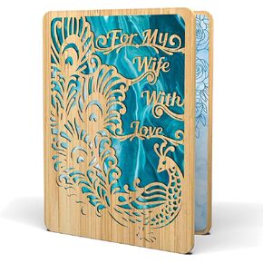 Happy Birthday Card For Wife - | Made From Real Bamboo | 5" X 7" - 1 Pack | Laser Cut, Peacock Themed Wife Birthday Card from Husband or Significant Other