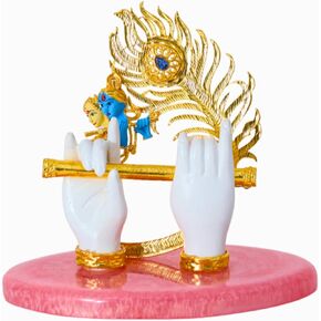 Lord Krishna Hand Idol with Flute for Home Decor | God Statue for Pooja Room Decoration (White with Pink Base)