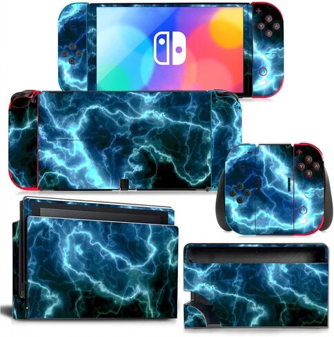 ملصق فيلم واقي للبشرة باللون الأسود لجهاز Nintendo OLED ووحدة التحكم ووحدة التحكم Joy-Con ومجموعة حماية قاعدة الشحن، وملحقات حماية الألعاب (Blue Lightning) in Saudi Arabia