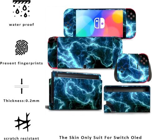 ملصق فيلم واقي للبشرة باللون الأسود لجهاز Nintendo OLED ووحدة التحكم ووحدة التحكم Joy-Con ومجموعة حماية قاعدة الشحن، وملحقات حماية الألعاب (Blue Lightning) in Saudi Arabia
