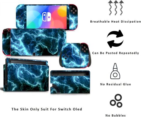 ملصق فيلم واقي للبشرة باللون الأسود لجهاز Nintendo OLED ووحدة التحكم ووحدة التحكم Joy-Con ومجموعة حماية قاعدة الشحن، وملحقات حماية الألعاب (Blue Lightning) in Saudi Arabia