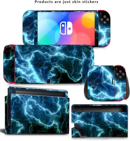 ملصق فيلم واقي للبشرة باللون الأسود لجهاز Nintendo OLED ووحدة التحكم ووحدة التحكم Joy-Con ومجموعة حماية قاعدة الشحن، وملحقات حماية الألعاب (Blue Lightning) in Saudi Arabia