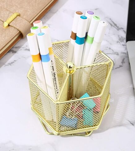 حامل أقلام - حامل أقلام للمكتب - حامل أقلام متعدد الوظائف يدور 360 درجة - منظم أقلام - منظم أقلام شبكي - تخزين أقلام لسطح المكتب والمكتب والمدرسة والمنزل كوب أقلام (ذهبي وردي) in Kuwait
