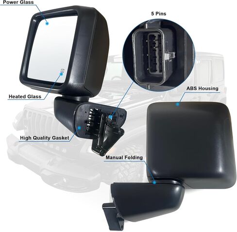 Left Driver side Mirror with Heated, Power Glass and Manual Folding Compatible with Jeep Wrangler JL 2019-2023 without Turn Singal and Blind Spot Detection Replace 68281891AB (5 Pins) in Saudi Arabia