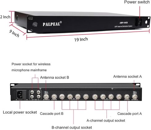 AMP-10CH 5 طرق (10 قنوات) نظام توزيع هوائي لاسلكي UHF لأنظمة الميكروفون اللاسلكي، 8 مخرجات + 2 منافذ متتالية. مقسم الهوائي، مضخم إشارة الميكروفون اللاسلكي in Kuwait