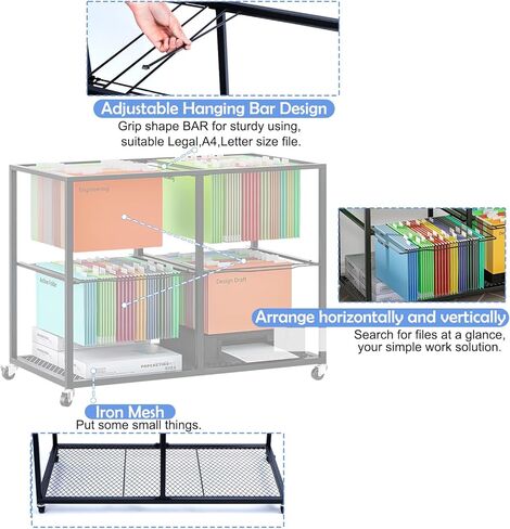 Rolling File Cart with Wheels Letter & Legal-Sized Metal Mobile File Cart Pull-Out Hanging Files Movable File Folder Drawer Rack File Cabinet Storage in Kuwait