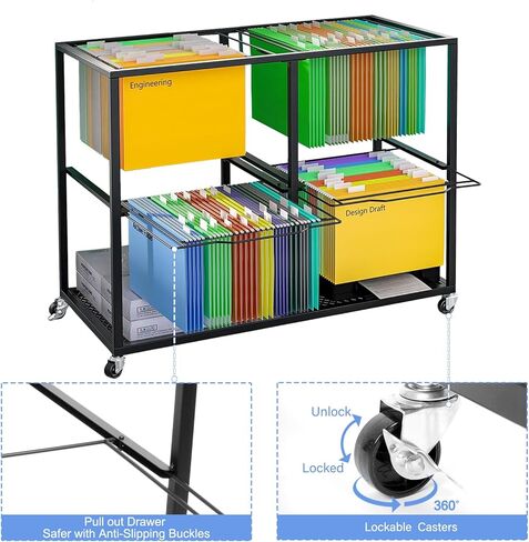 Rolling File Cart with Wheels Letter & Legal-Sized Metal Mobile File Cart Pull-Out Hanging Files Movable File Folder Drawer Rack File Cabinet Storage in Kuwait