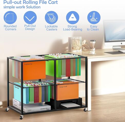 Rolling File Cart with Wheels Letter & Legal-Sized Metal Mobile File Cart Pull-Out Hanging Files Movable File Folder Drawer Rack File Cabinet Storage in Kuwait