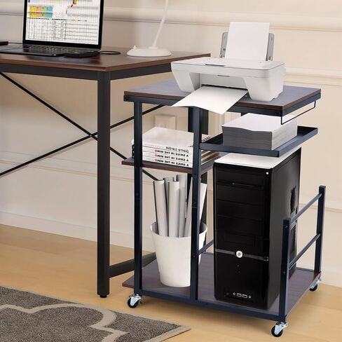 Rolling Printer Stand, 3 Tier Mobile Printer Table for Home Office Storage and Organization, Mobile Printer Cart with Wheels and Hooks, PC Tower Stand, Host Computer Cart, Shelf for Shredder in Saudi Arabia