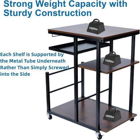 Rolling Printer Stand, 3 Tier Mobile Printer Table for Home Office Storage and Organization, Mobile Printer Cart with Wheels and Hooks, PC Tower Stand, Host Computer Cart, Shelf for Shredder in Saudi Arabia