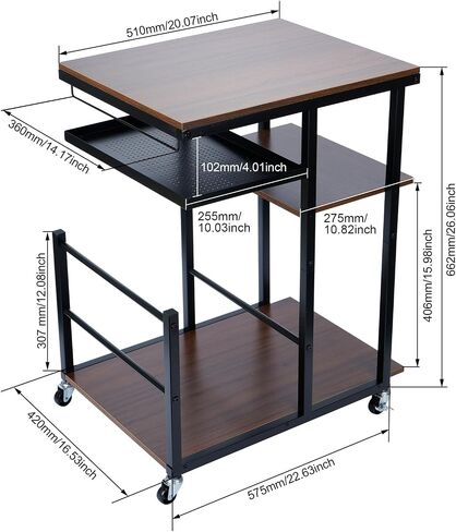 Rolling Printer Stand, 3 Tier Mobile Printer Table for Home Office Storage and Organization, Mobile Printer Cart with Wheels and Hooks, PC Tower Stand, Host Computer Cart, Shelf for Shredder in Saudi Arabia