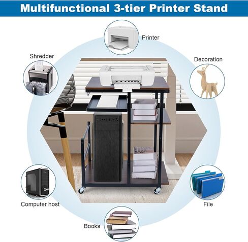 Rolling Printer Stand, 3 Tier Mobile Printer Table for Home Office Storage and Organization, Mobile Printer Cart with Wheels and Hooks, PC Tower Stand, Host Computer Cart, Shelf for Shredder in Saudi Arabia
