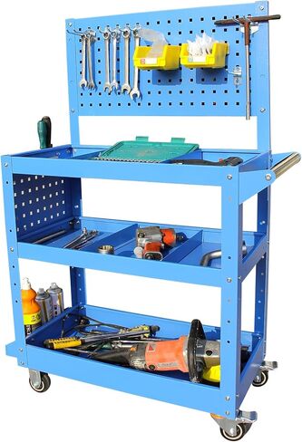 عربة أدوات دوارة شديدة التحمل محمولة على عجلات، سعة 500 رطل، عربة ميكانيكا زرقاء بثلاث طبقات مع فواصل قابلة للتعديل، مثالية للجراج والمستودعات ومتجر الإصلاح in Kuwait