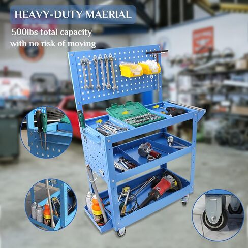 عربة أدوات دوارة شديدة التحمل محمولة على عجلات، سعة 500 رطل، عربة ميكانيكا زرقاء بثلاث طبقات مع فواصل قابلة للتعديل، مثالية للجراج والمستودعات ومتجر الإصلاح in Kuwait