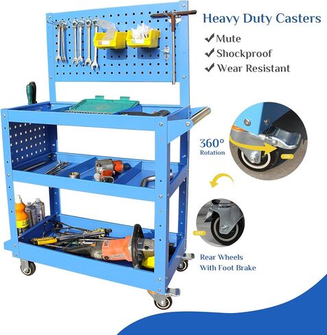 عربة أدوات دوارة شديدة التحمل محمولة على عجلات، سعة 500 رطل، عربة ميكانيكا زرقاء بثلاث طبقات مع فواصل قابلة للتعديل، مثالية للجراج والمستودعات ومتجر الإصلاح in Kuwait
