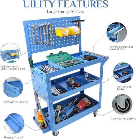 عربة أدوات دوارة شديدة التحمل محمولة على عجلات، سعة 500 رطل، عربة ميكانيكا زرقاء بثلاث طبقات مع فواصل قابلة للتعديل، مثالية للجراج والمستودعات ومتجر الإصلاح in Kuwait