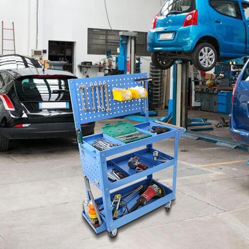 عربة أدوات دوارة شديدة التحمل محمولة على عجلات، سعة 500 رطل، عربة ميكانيكا زرقاء بثلاث طبقات مع فواصل قابلة للتعديل، مثالية للجراج والمستودعات ومتجر الإصلاح in Kuwait