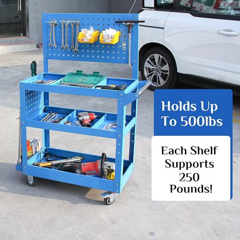 عربة أدوات دوارة شديدة التحمل محمولة على عجلات، سعة 500 رطل، عربة ميكانيكا زرقاء بثلاث طبقات مع فواصل قابلة للتعديل، مثالية للجراج والمستودعات ومتجر الإصلاح in Kuwait