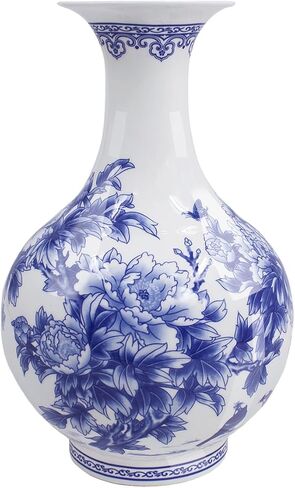 Dahlia Blue and White Vase, Handmade Bone China Flower Vase, Birds in Peony Bush, Pomegranate Shape 6.5 Inches in Saudi Arabia