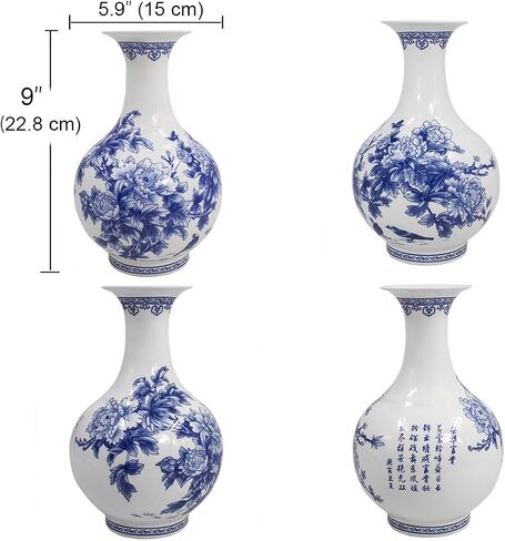Dahlia Blue and White Vase, Handmade Bone China Flower Vase, Birds in Peony Bush, Pomegranate Shape 6.5 Inches in Saudi Arabia