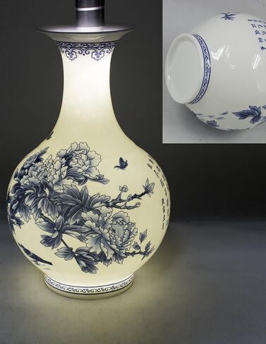 Dahlia Blue and White Vase, Handmade Bone China Flower Vase, Birds in Peony Bush, Pomegranate Shape 6.5 Inches in Saudi Arabia