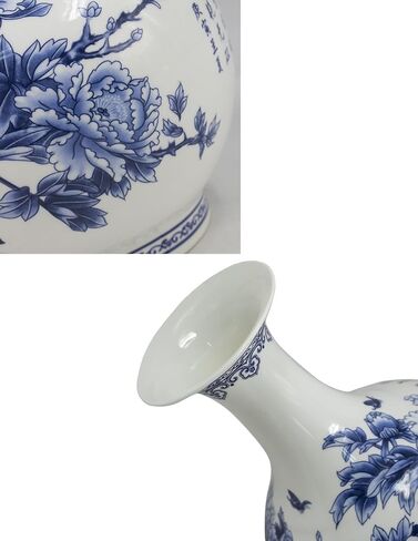 Dahlia Blue and White Vase, Handmade Bone China Flower Vase, Birds in Peony Bush, Pomegranate Shape 6.5 Inches in Saudi Arabia