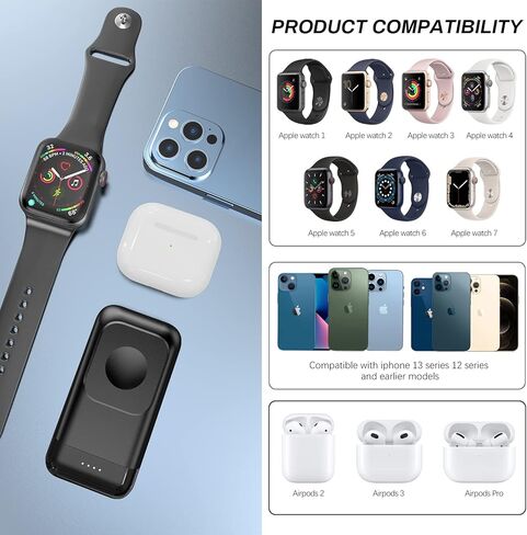 شاحن محمول لساعة Apple، شاحن iWatch مغناطيسي بقدرة 6000 مللي أمبير في الساعة مع كابل مدمج، شاحن iPhone محمول متوافق مع Apple Watch Ultra 2/9/8/7/6/SE/5/4/3، iPhone 14/13/12، Airpods Pro /3/2 in Kuwait