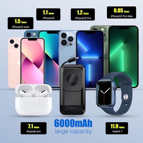 شاحن محمول لساعة Apple، شاحن iWatch مغناطيسي بقدرة 6000 مللي أمبير في الساعة مع كابل مدمج، شاحن iPhone محمول متوافق مع Apple Watch Ultra 2/9/8/7/6/SE/5/4/3، iPhone 14/13/12، Airpods Pro /3/2 in Kuwait