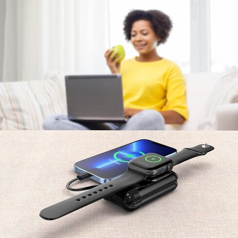 شاحن محمول لساعة Apple، شاحن iWatch مغناطيسي بقدرة 6000 مللي أمبير في الساعة مع كابل مدمج، شاحن iPhone محمول متوافق مع Apple Watch Ultra 2/9/8/7/6/SE/5/4/3، iPhone 14/13/12، Airpods Pro /3/2 in Kuwait
