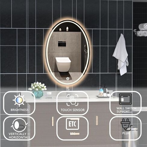 مرآة حمام بيضاوية LED مقاس 20 × 32 بوصة، مرايا ذكية مضاءة مثبتة على الحائط لزينة الحمام مع 3 ألوان وإضاءة خافتة (أفقي/عمودي) in Kuwait