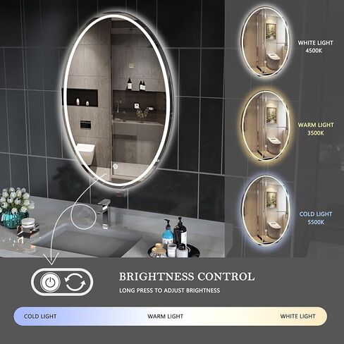 مرآة حمام بيضاوية LED مقاس 20 × 32 بوصة، مرايا ذكية مضاءة مثبتة على الحائط لزينة الحمام مع 3 ألوان وإضاءة خافتة (أفقي/عمودي) in Kuwait