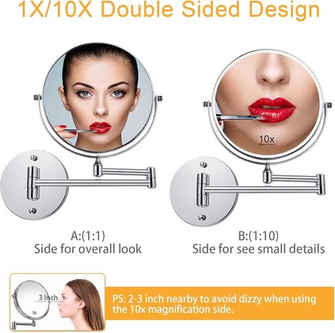 مرآة مكياج مثبتة على الحائط من KEDSUM، مرآة مكبرة 1X /10X، مرآة مكياج مكبرة مزدوجة الجوانب مقاس 8 بوصات مع 3 ألوان قابلة للتعتيم، مرآة مكياج حمام قابلة للتمديد مع حامل على الحائط، كروم in Kuwait